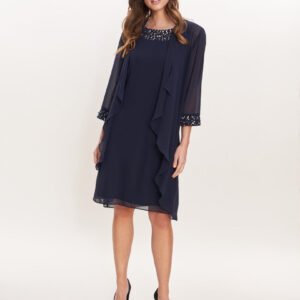 Joseline Short Chiffon Jacket Dress With Beaded Neckline