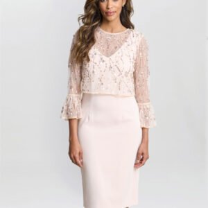 Pippa Beaded Jacket With Fluted 3/4 Sleeve And Crepe Shift Dress